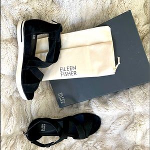 Eileen Fisher strappy sandal with white soles and zipper in back